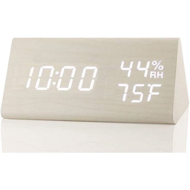 Reloj despertador digital, con pantalla electrónica LED de madera, 3 ajustes de alarma, detección de humedad y temperatura, relojes eléctricos de madera para dormitorios, mesitas de noche