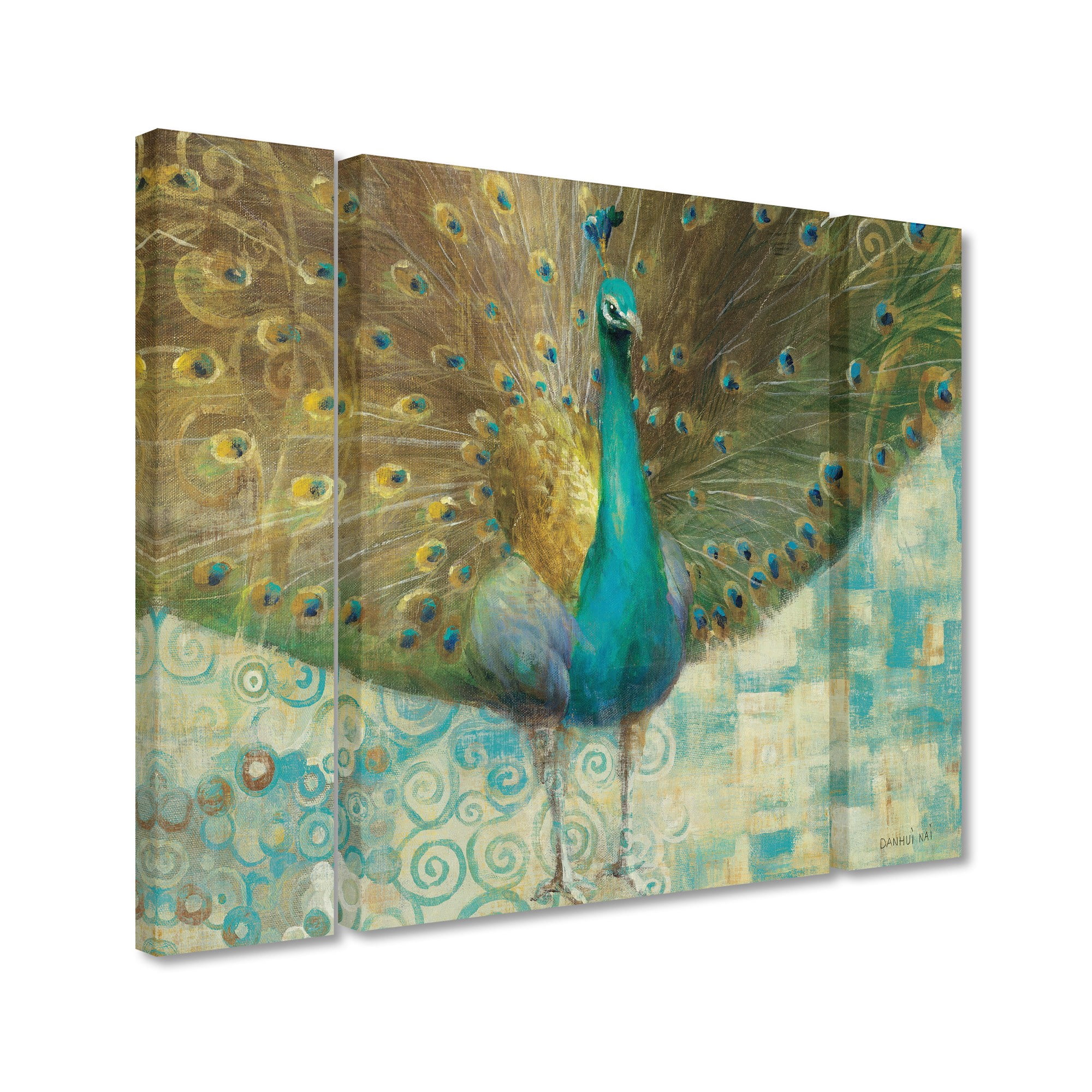 Trademark Fine Art "Teal Peacock on Gold" Canvas Art by Danhui Nai Three Panel Set