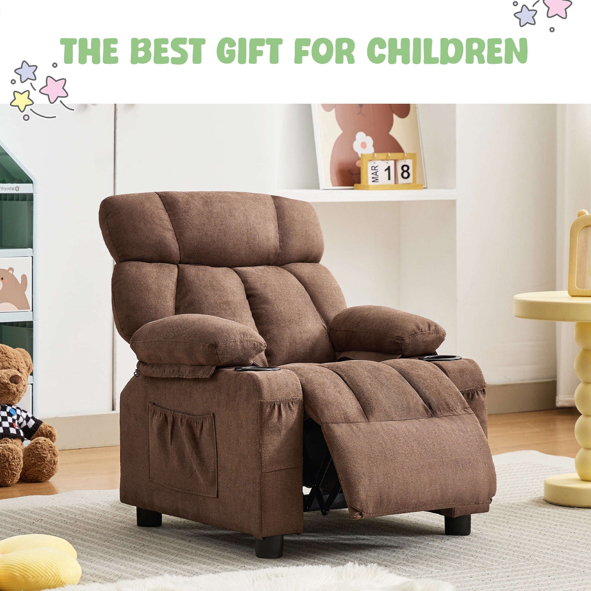 JONPONY Kids Recliner Chair,Push Back Toddler Recliner with Cup Holders & Side Pockets,Adjustable Footrest & Headrest Kids Sofa for Boys Girls 3+ Age Group, Brown