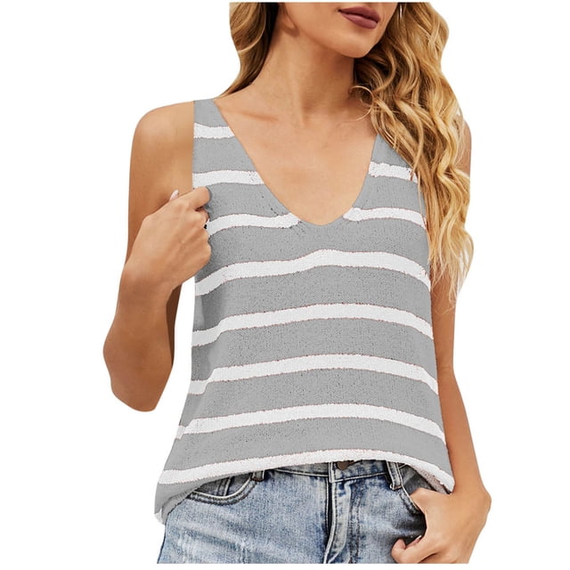 Débardeurs pour Femmes Mode Débardeurs Décontractés pour Femmes Mode Camisole à Rayures en Tricot à Contraste de Couleurs Débardeurs à Col en V Camisoles pour Femmes Débardeurs pour Femmes Camisoles pour Femmes Débardeurs Mode pour Femmes