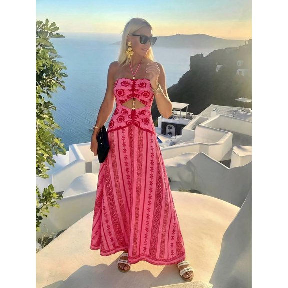 Womens Pink Strapless Cutout Waist Bohemian Beach Vacation Maxi Dress