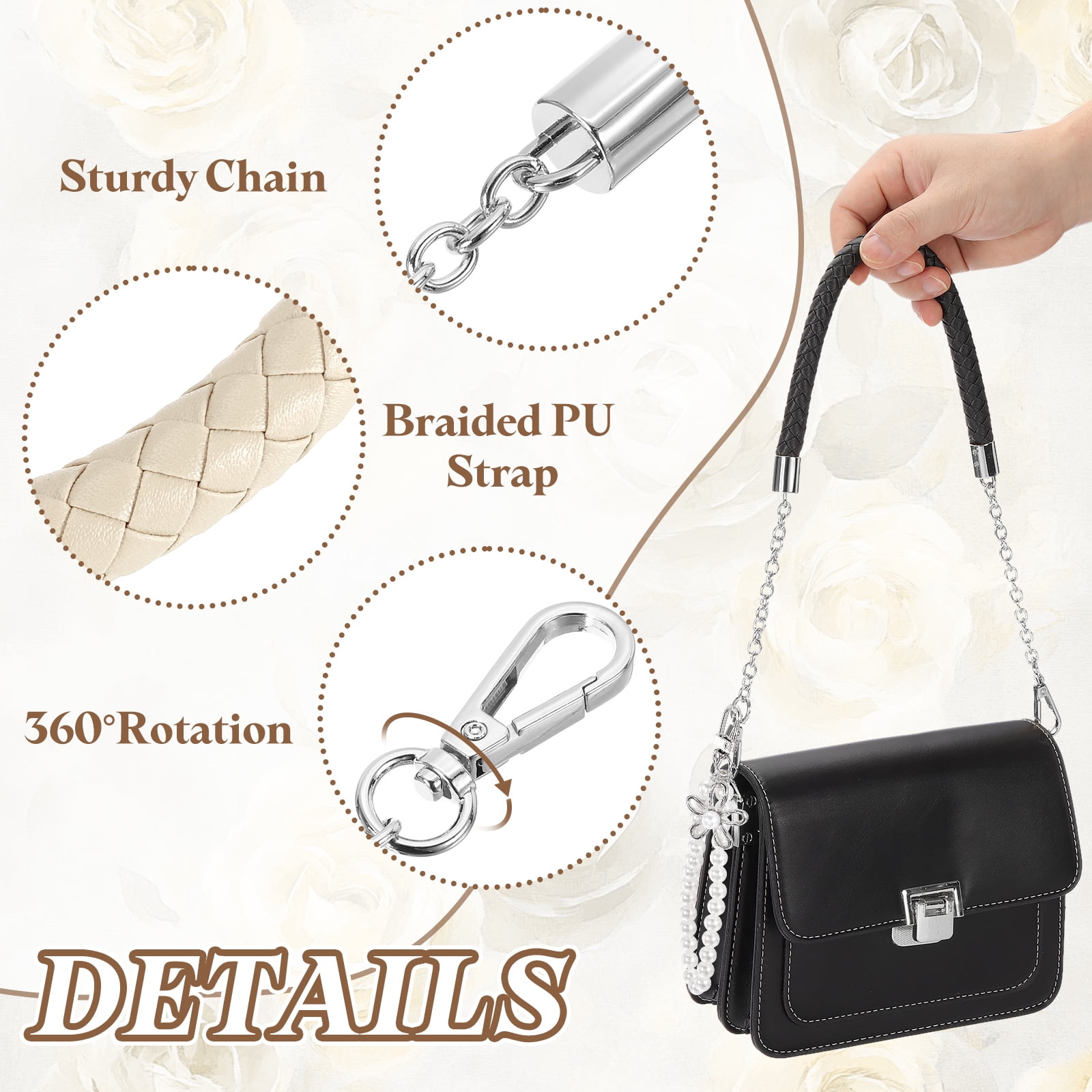 2Pcs PU Leather Chain Purse Strap, 24.4 Inch Braided Purse Handle Replacement with Pearl Pendant for Handbags Underarm Bag Tote (Beige, Silver Buckle)