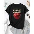 thumbnail image 2 of Camiseta de cuello redondo de moda para mujer con estampado de corazón "Feliz Año Nuevo 2025", top informal de manga corta con estampado geométrico, tejido de algodón, elasticidad media, comodidad par, 2 of 6