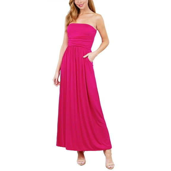 FashionMille Women's Casual Soft Sexy Tube Long Jersey Maxi Dress with Side Pocket