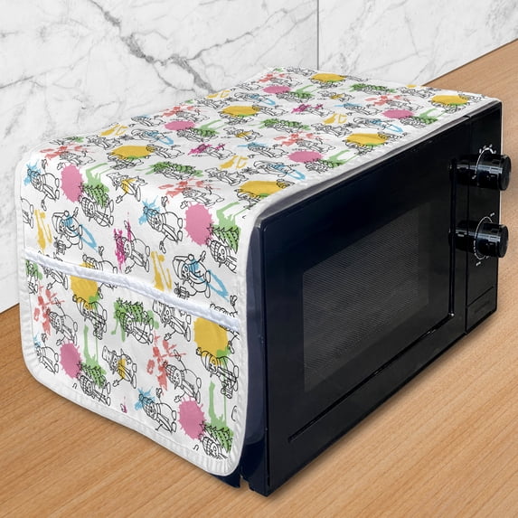 Snowman Microwave Oven Cover, Cartoon Style Inspired Hand Drawn Like Silhouettes and Colorful Paint Blots, Water Resistant Organizer with Pockets for Kitchen, 36" x 12", Multicolor, by Ambesonne