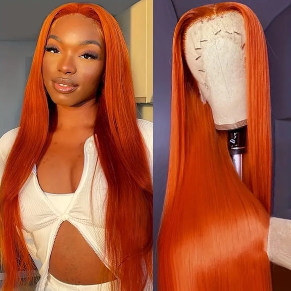 Orange long straight wig with front lace full-head wig