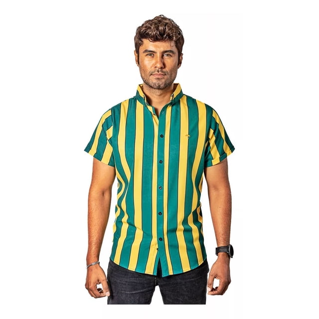 Camisa Hombre Casual Slim Fit Rayas Verdes, Amarillas Moon R