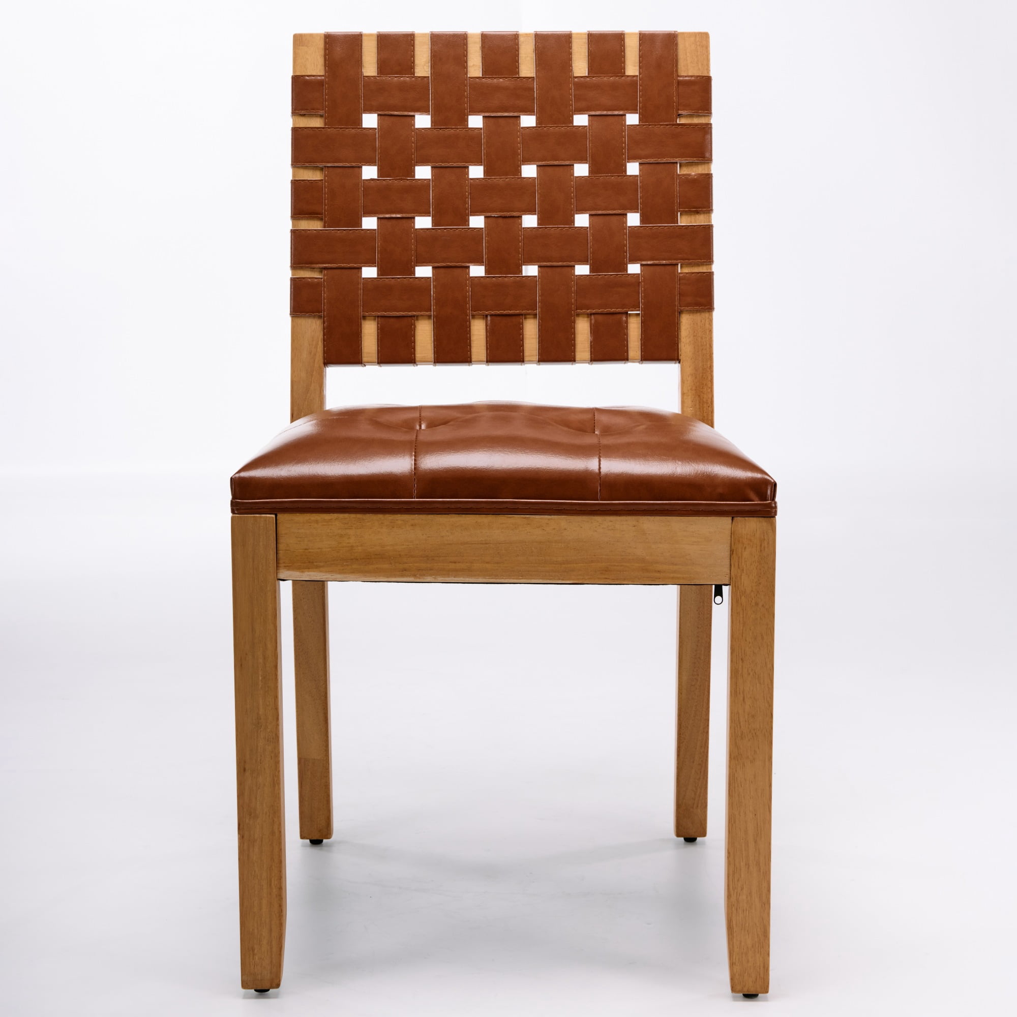 2-Piece Woven Backrest Dining Chairs, Mid‑Century Modern Armless Kitchen Chairs, PU Leather Upholstered Seat Accent Side Chair