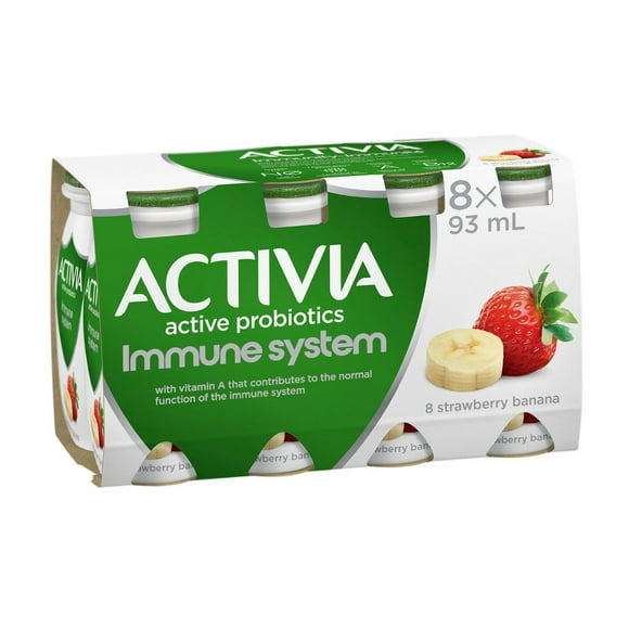 Activia Immune System, Probiotic Drinkable Yogurt, Strawberry Banana, 8x93ml, 8x93ml Drinkable Yogurt