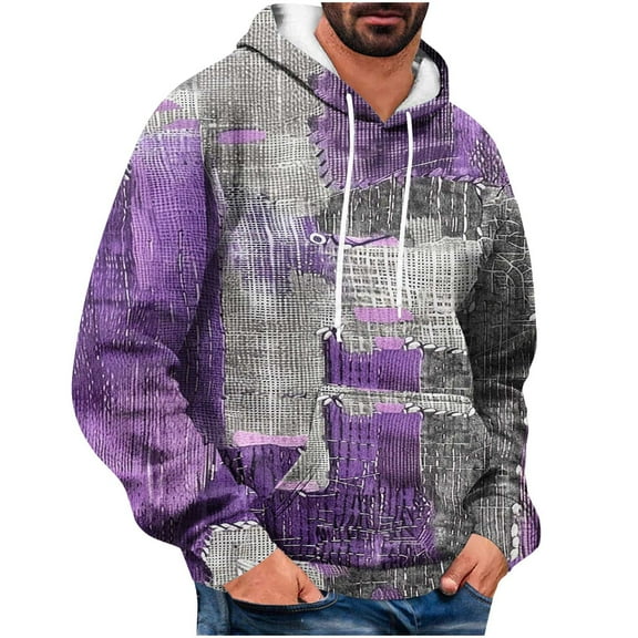 Riecok Long Sleeve Sweatshirts for Men Drawstring Pullover Crewneck Tops with Pocket Trendy Sweatshirts Purple L