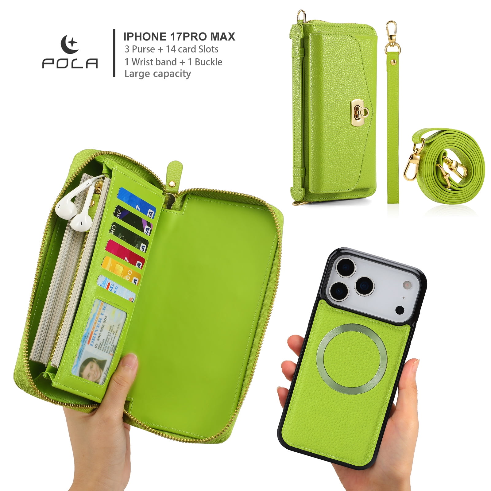 Dteck Crossbody Wallet Case for iPhone 17 Pro Max, Magnetic Detachable Floral PU Leather Phone Case with RFID Blocking Card Holder Wristlet Mirror Flip Zipper Shoulder Purse Bag for Women, Green