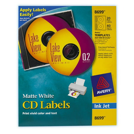 Avery Matte White CD Labels for Inkjet Printers, 20 Face Labels and 40 Spine Labels