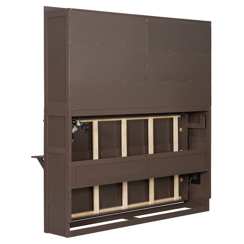Twin Size Storage Murphy Bed with Cabinets w/ Rattan Door, Foldable Platform Bed Frame with Built-in Light & Charge Station