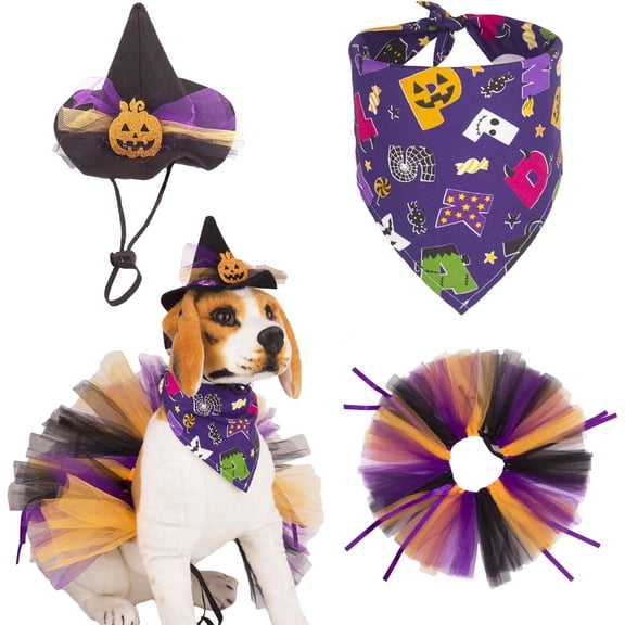 Halloween Dog Costume, Dog Halloween Bandana Hat Tutu Set, Purple Pet Holiday Costumes for Dogs Pets