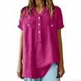 thumbnail image 2 of Staron Women's Linen Shirt Spring Summer V-Neck Pullover Button Down Short Sleeve Casual Loose Top, Hot Pink XXL, 2 of 7