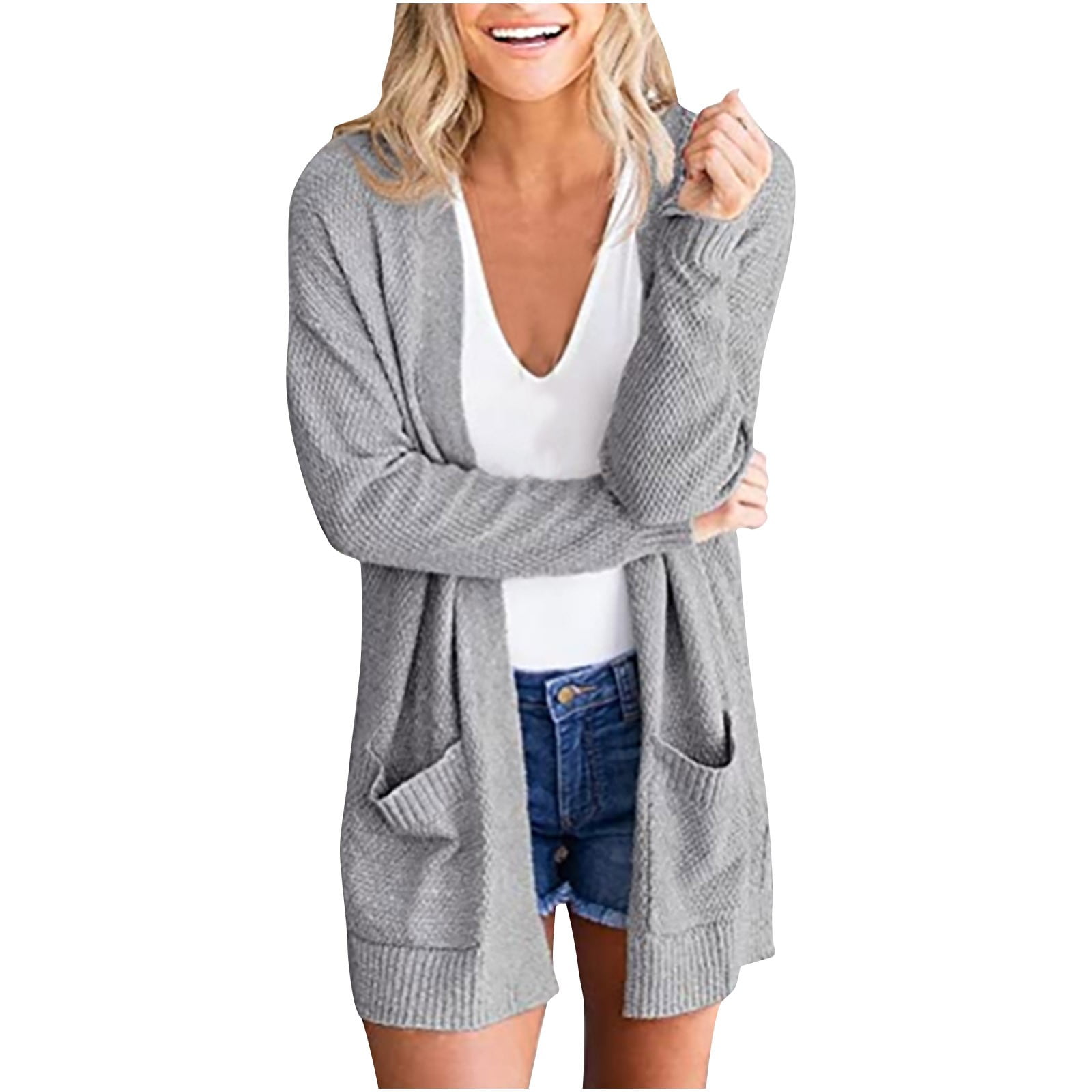 RQYYD Women's 2023 Long Sleeve Waffle Knit Cardigan Solid Loose Open ...