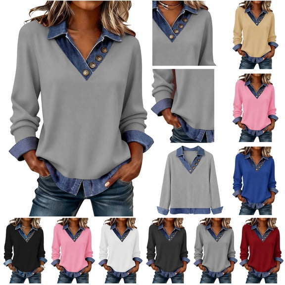 QATAINLAV Women's Long Sleeve Shirts with Denim Collar Cuffs Buttons Dressy Casual V Neck Office Work Tops White M