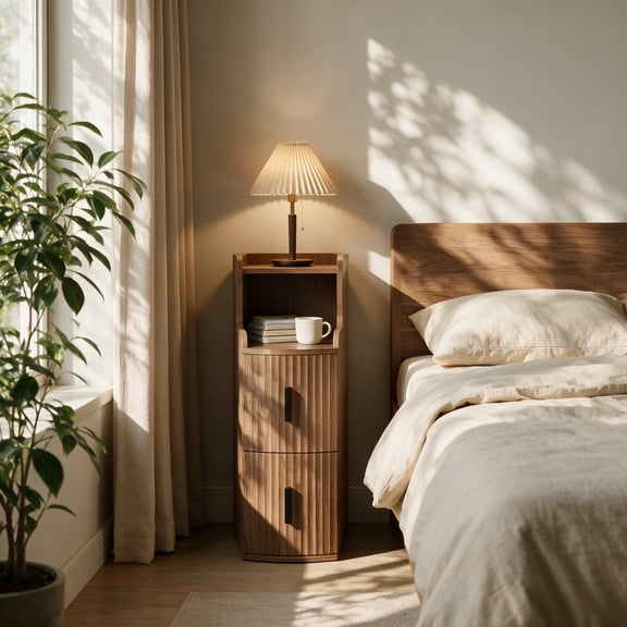 Narrow Fluted End Table with 2 Drawers ,Slim Side Table for Bedroom, Living Room, Sofa Gap,Walnut