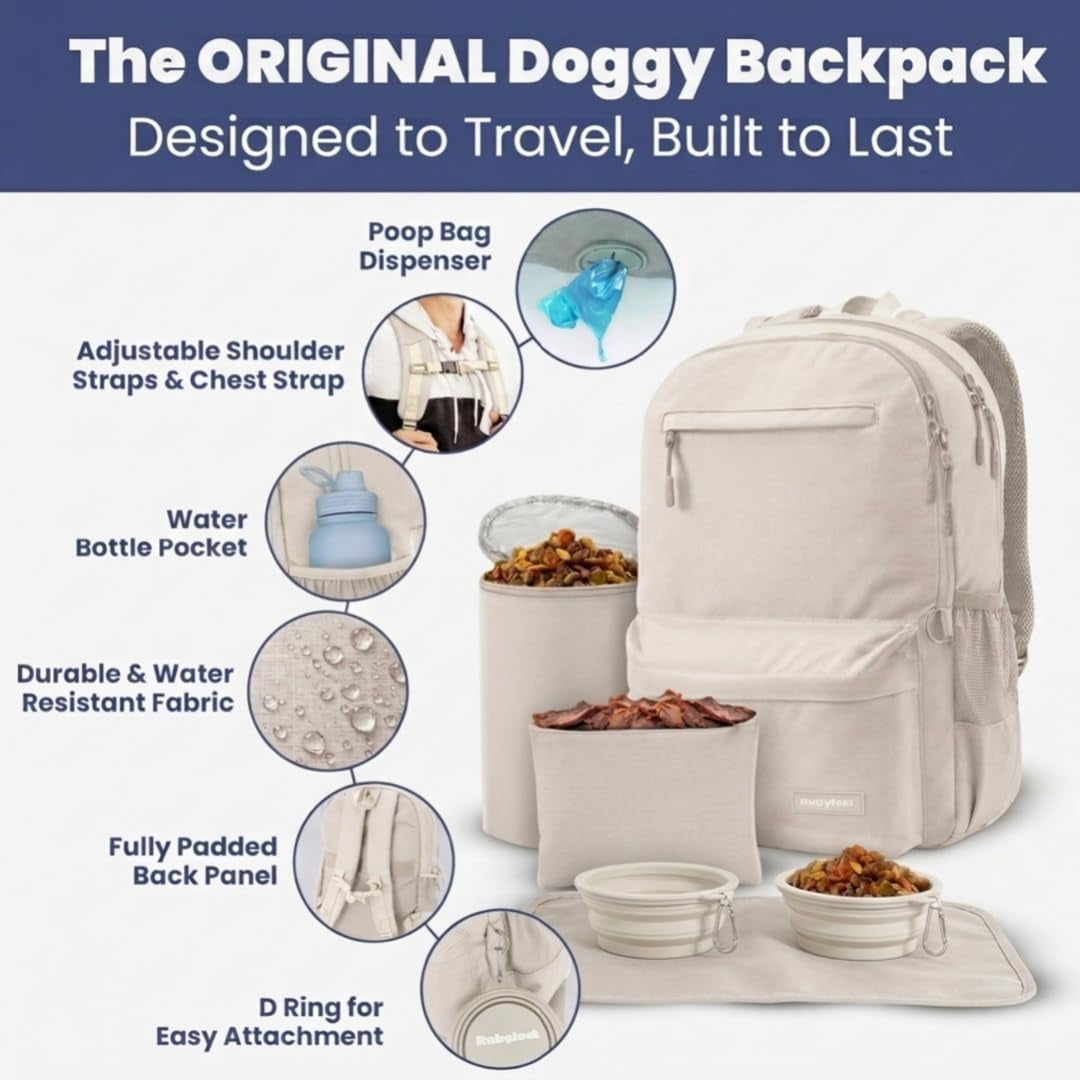 Dog Travel Bag for Supplies - Backpack with 2 Collapsible Dog Bowls, Food Bag, Treat Pouch: Beige