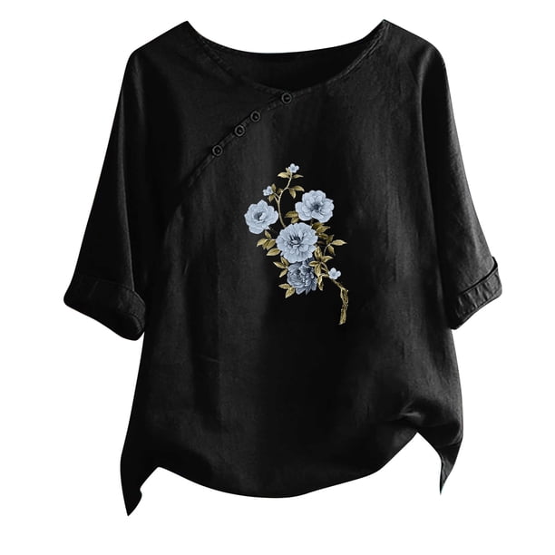 Blusas de Manga Corta para las Mujeres Impreso Cuello Redondo Camiseta, Top de Algodón de Imitación Casual para el Hogar Y Diario