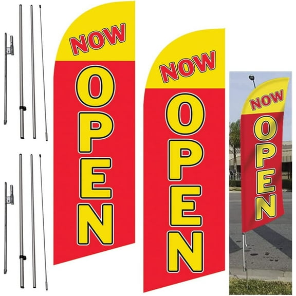 Now Open Two Pack of 8ft Advertising Feather Banner Swooper Flag Signs with Flag Pole Kits and Ground Stakes for Businesses, 2pack red, yellow, medium height