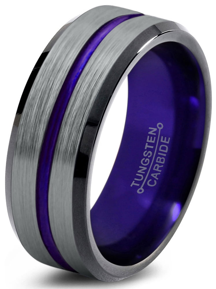 Tungsten Wedding Band Ring 8mm for Men Women Purple Silver Flat Pipe Cut Brushed Polished 