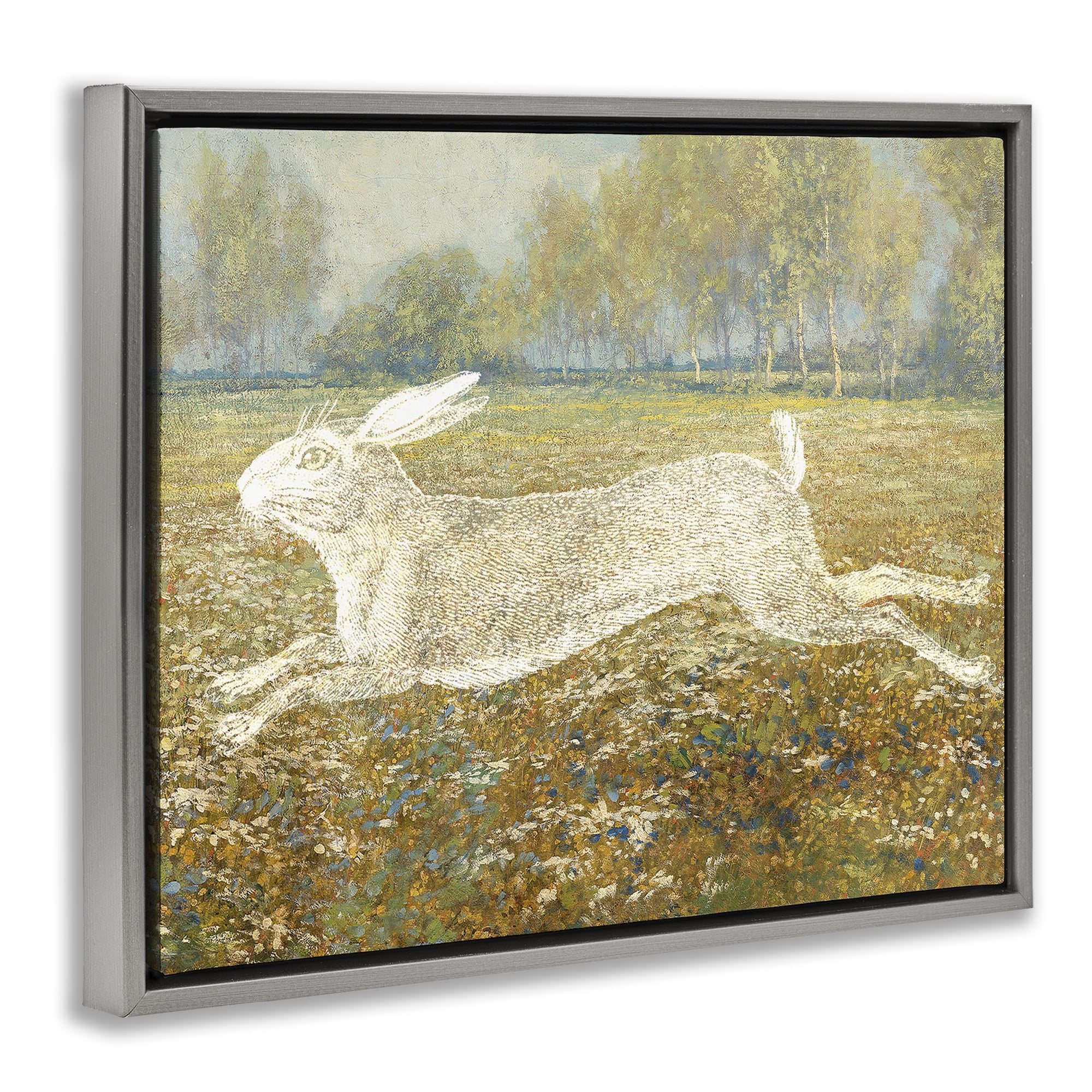 Stupell Industries Impressionist Jumping Hare Landscape & Nature Painting Gray Floater Framed Canvas Art Print Wall Art, 21 x 17