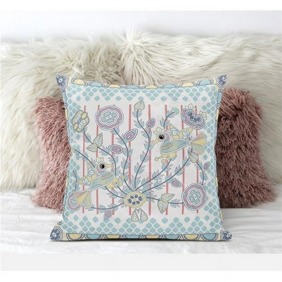 Pond Peacock Throw Pillow with Removable Cover in White Light Blue Muted Yellow 18x18