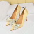 thumbnail image 2 of Zapatos de tacón puntiagudos de satén para mujer, de moda, para banquetes, con boca poco profunda, puntiagudos, con lazo de diamante, tacones altos clásicos, 2 of 5