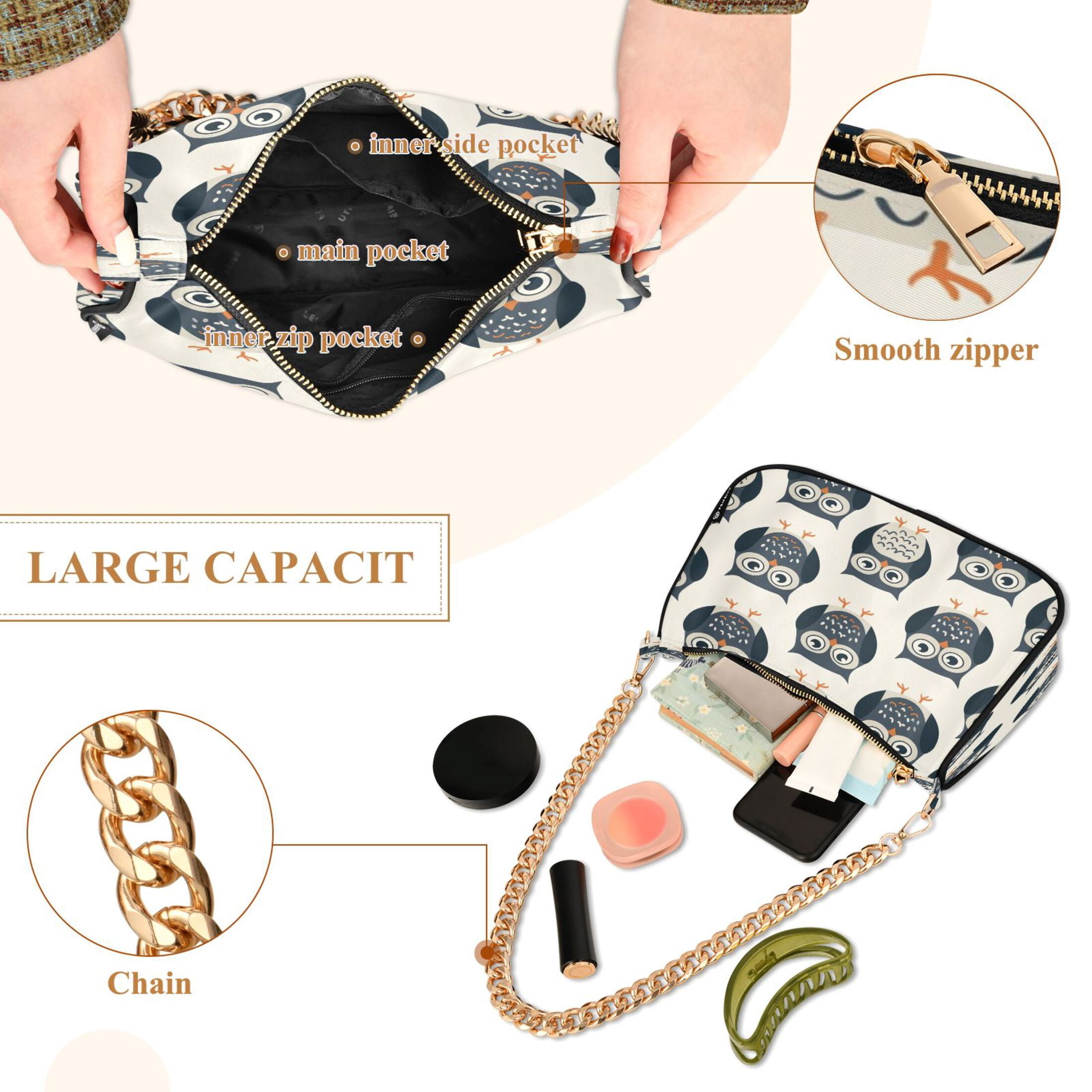 Ryvnso Cute Owls Womens Chain Shoulder Bag Tote Handbags Clutch Hobo Purse with Zipper for Travel