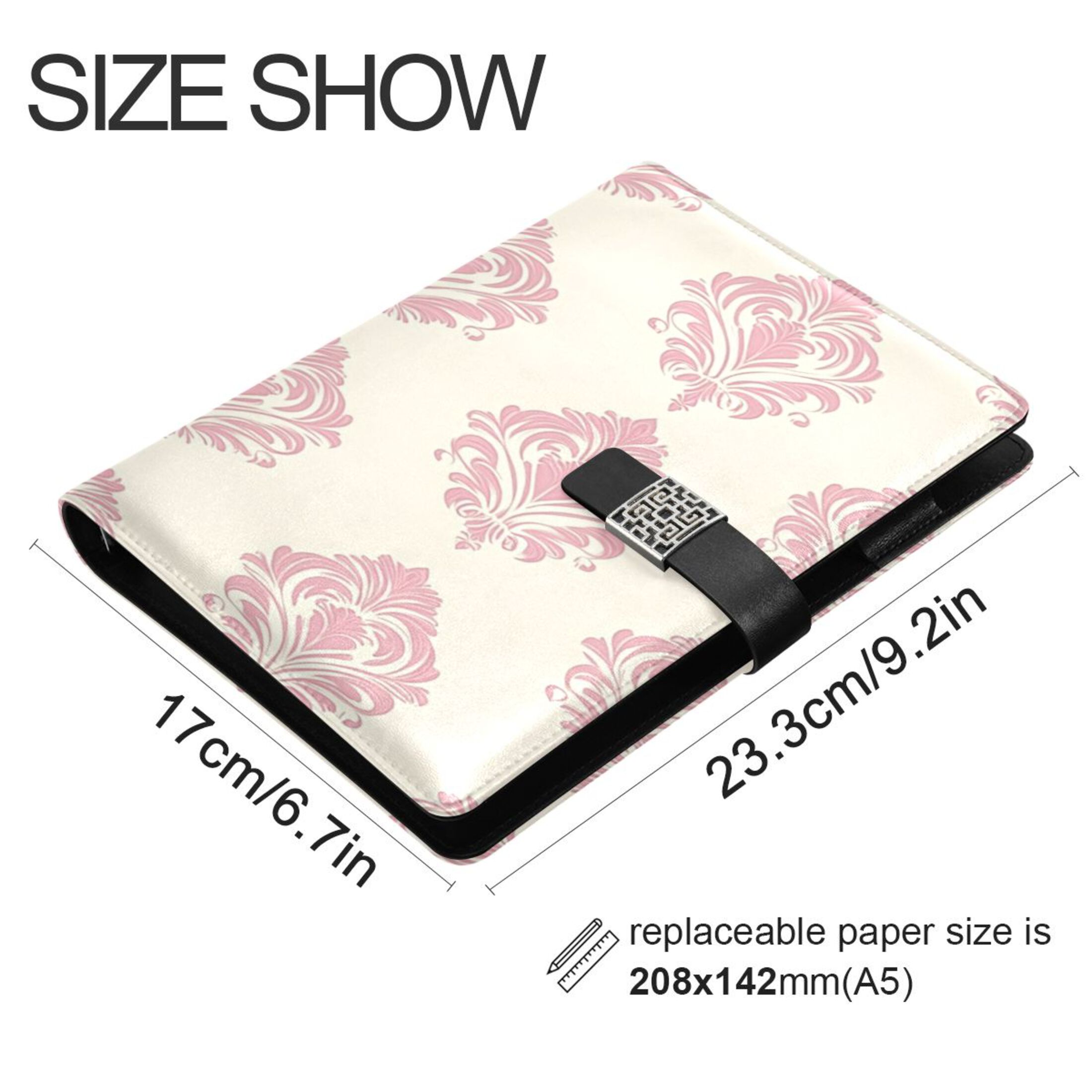 9.2x6.7 inch Leather Notebook 100 Sheets, Multi-Pocket Design & Pen Loop Cream Vintage Pattern Refillable Journal Organizer