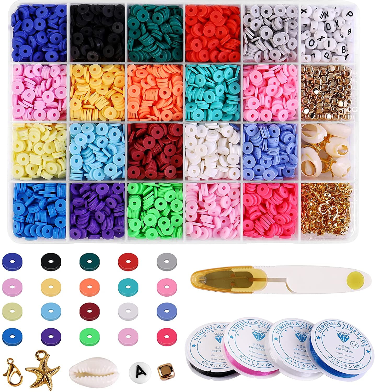 6MM 4280PCS Polymer Clay Spacer Beads Kit Flat Round Clay Beads Kit With  Pendant Charms Elastic Strings For DIY Jewelry Making