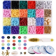 PLNEIK Handmade Polymer Clay Beads, 6mm 20 Colors Flat Round Spacer Beads with Pendant Charms Kit and 4 Roll Elastic Strings for DIY Jewelry Making Bracelets Necklace