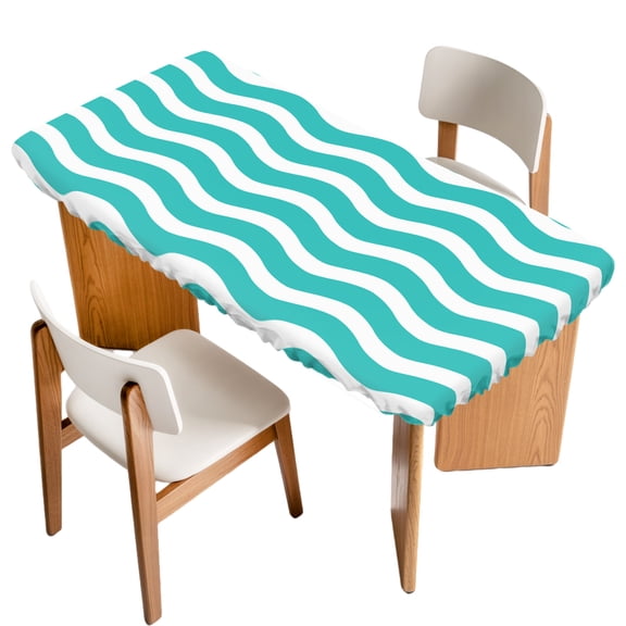 Fitted Tablecloth for 3 ft Rectangle Tables Teal Green Nautical Waves Table Cover with Elastic Edge Lines Stripes Waterproof Table Clothes for Patio Garden Dinner Party Picnic Indoor Outdoor Decor