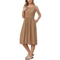 thumbnail image 4 of Sleeveless Dress for Women Crew Neck Drawstring Waist Summer Midi Dress S Khaki, 4 of 6