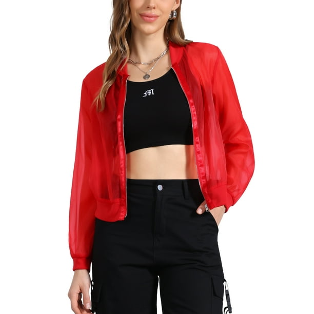 Chaqueta bomber ligera de mujer con cierre y mangas largas, transparente, color rojo brillante