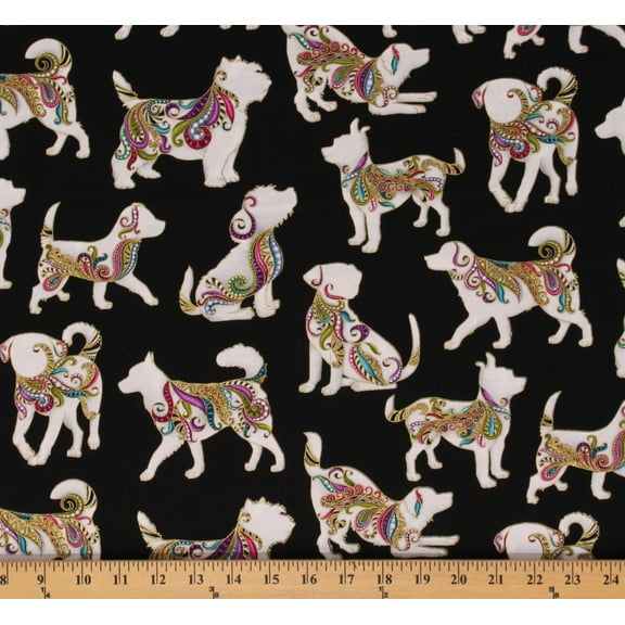 Cotton Dogs Playing Pups Dog On It Black Cotton Fabric Print by the Yard (6254M-12)