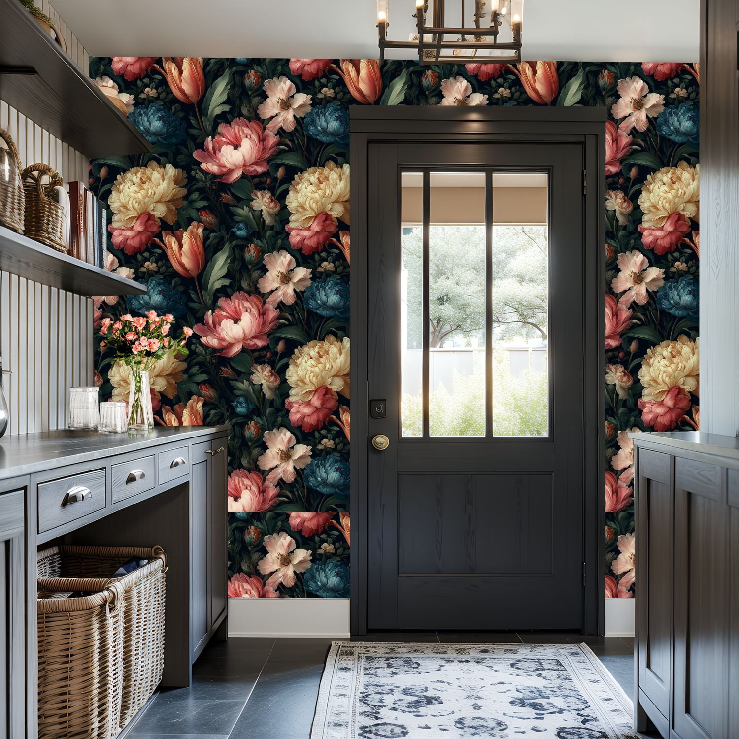 Peel and Stick Wallpaper 17.7in x 9.8ft Elegant Floral Bouquet Soft Pink Blue Blossoms Dark Contact Paper Vinyl Self-Adhesive Removable Wall Paper for Bedroom DIY Home Decor Renter Friendly