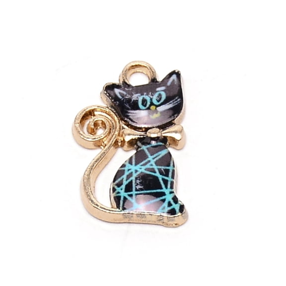 10pcs Alloy Enamel Pendants Light golden Cat with Bowknot Black 21x13x2.3mm Hole: 2.3mm