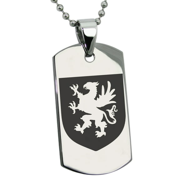 Stainless Steel Griffin Valor Coat of Arms Shield Engraved Dog Tag Pendant Necklace