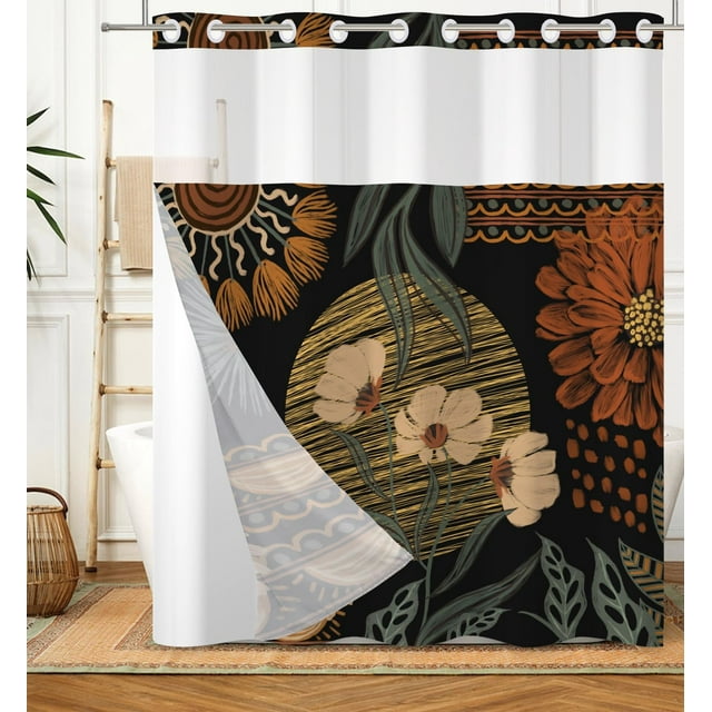 DASHAN Rideau de Douche Sans Crochets avec Doublure à Boutons-Pression, Rideaux de Douche Bohèmes à Motif Floral pour Salle de Bain, Rideau de Bain Vintage Foncé Rétro Chic d'Ambiance en Tissu 71"x74 Pouces