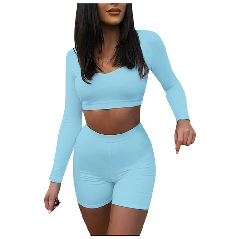 Herrnalise Workout Shorts for Women Fashion Womens Casual Tight Solid color  Long Sleeve Short Pants Set 