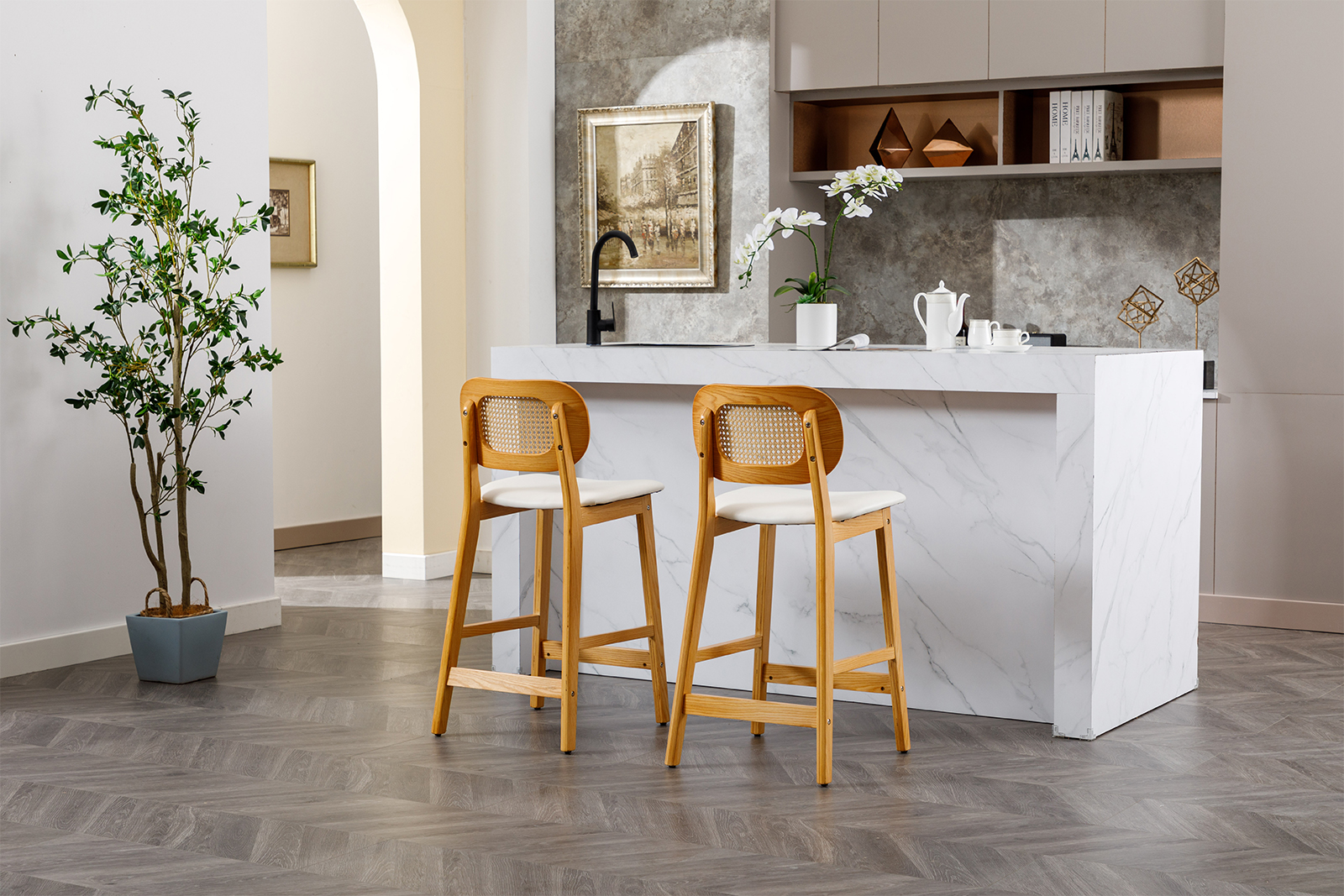 Dayalane Rattan Counter Height Bar Stools Set of 2, 26" Mid Century Modern Wood Farmhouse Barstools with Footrest, PU Upholstered Kitchen Island Chairs for Pub Restaurant, White