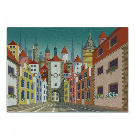 Travel Cutting Board, Colorful Pattern of Historic European Medieval Urban City with Houses and Alley, Decorative Tempered Glass Cutting and Serving Board, in 3 Sizes, by Ambesonne