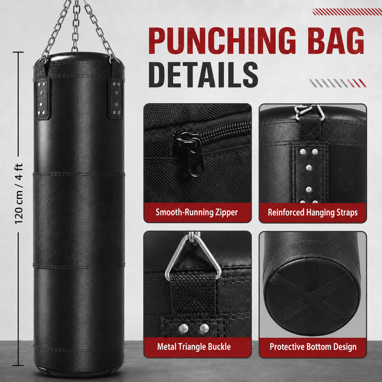 4ft Heavy Punching Bag for Adults, Unfilled Boxing Bag Set with 12oz Gloves, Black