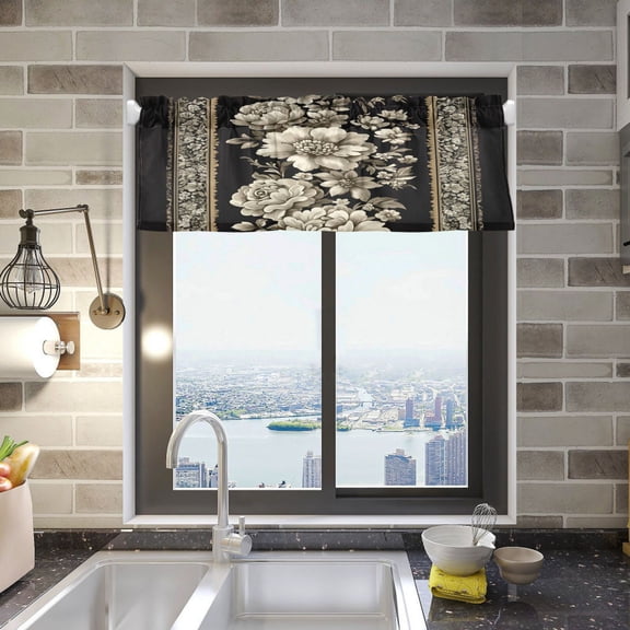 BZSMCE Alance Curtains White and Black Flower Pattern Design Modern Style Pattern Window Curtain Valance 52W" x 18L" for Kitchen Living Room Bedroom