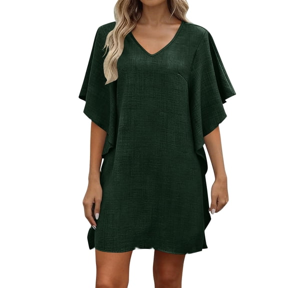 Ahabrexf Womens Short Sleeve Summer Dresses for Women V-Neck Batwing Sleeve Loose Fit Casual Knee-Length Dress