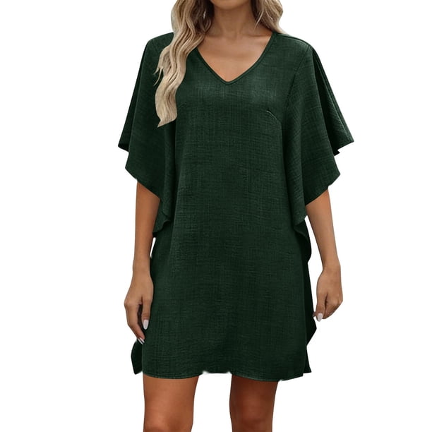 Mujeres manga corta vestidos de verano cuello en V sólido Batwing manga suelta cambio longitud de rodilla casual cómodo vestido corto de manga larga para mujeres