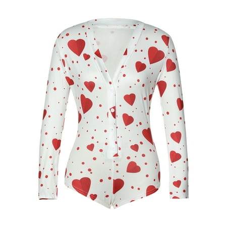 

Women Heart Butt Button Flap Cotton Pajamas Slim Shorts Bodycon Jumpsuit for Valentine s Day