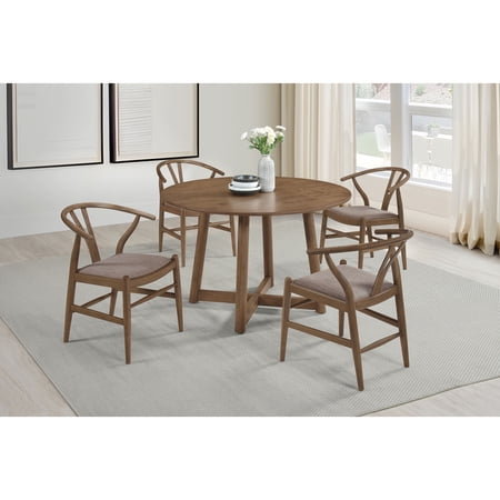 Dining Set 5-Piece Solid Wood Round Table and 4 Upholstered Chairs Walnut Finish 47.25 Round Top with Crossing Base Brown Fabric Padded Seats for Compact Dining Room and Kitchen